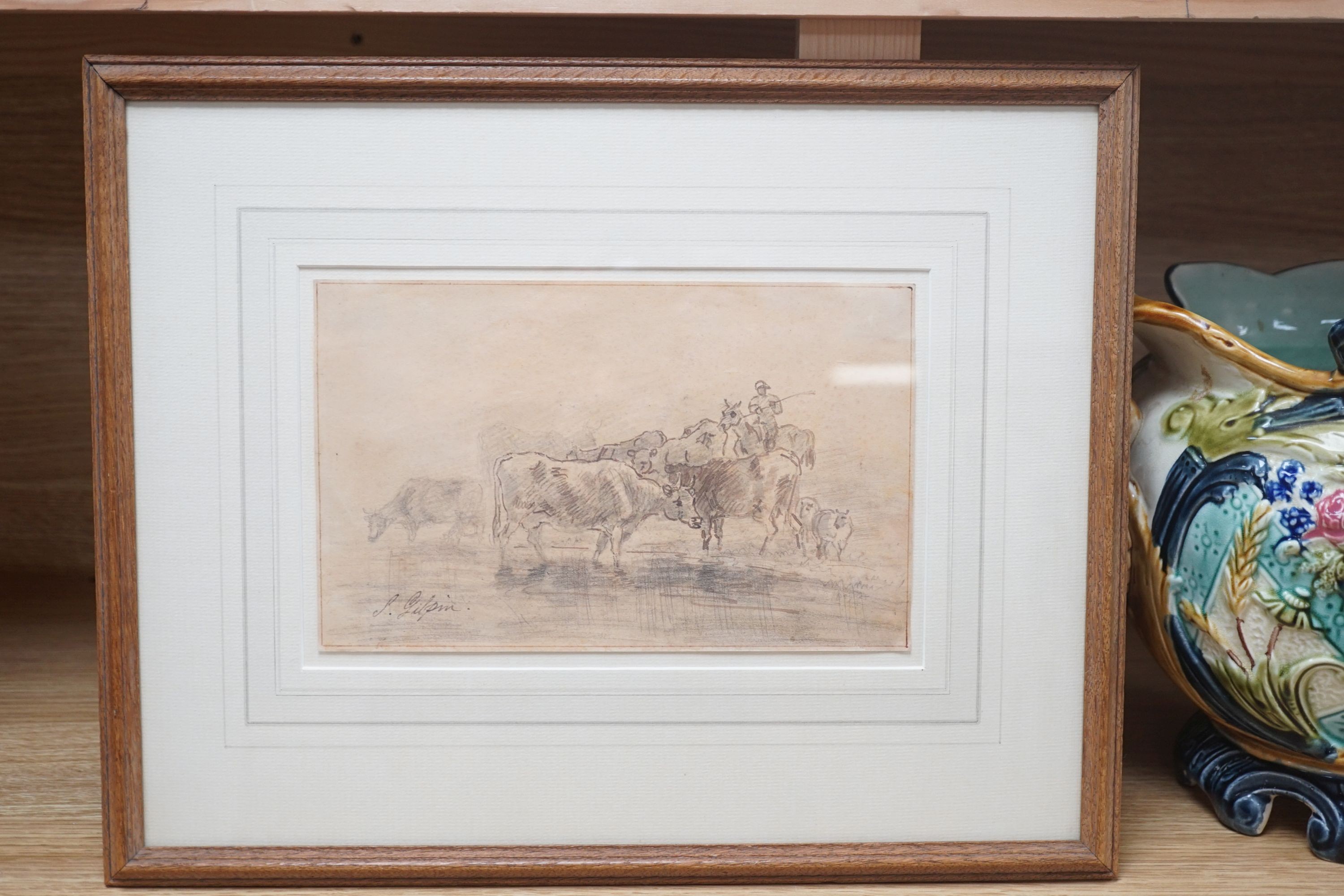 Sawrey Gilpin (1733-1807), Cattle at a ford, pencil and sepia drawing, signed, 13.5 x 21.5cm